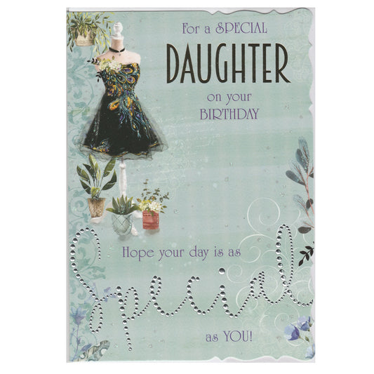 Front of this birthday card features a illustration of a mannequin dummy, paired with a message, as shown in product photo.