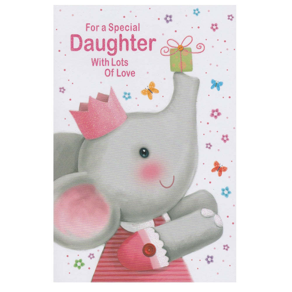 Front of this card features an illustration of a cartoon elephant wearing a pink crown, balancing a present on her trunk, paired with a message.