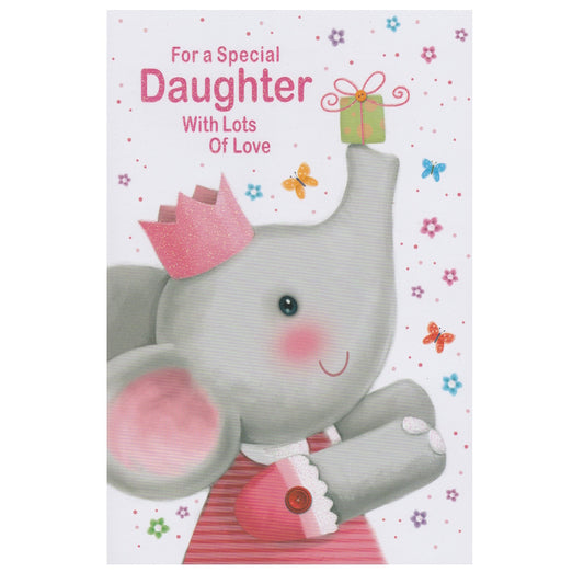 Front of this card features an illustration of a cartoon elephant wearing a pink crown, balancing a present on her trunk, paired with a message.