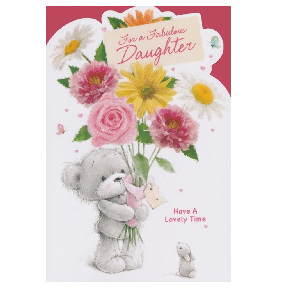 Front of this birthday card features an illustration of a bear holding a bouquet of yellow and pink flowers, paired with a message, as shown in product photo.