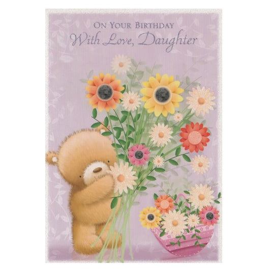Front of this birthday card features an Illustration of a bear holding a flower bouquet, with a 'Happy Birthday' message set against a purple background, as shown in product photo.