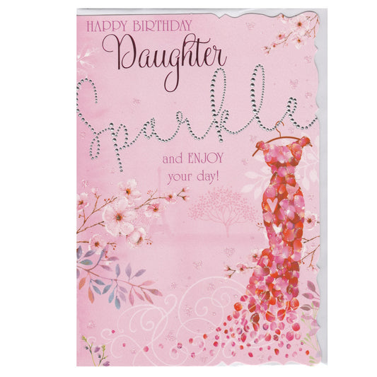 Front of this birthday card features an illustration of a red dress with flowers and the text 'Happy Birthday Daughter' and 'Sparkle and ENJOY your day!', as shown in product photo.