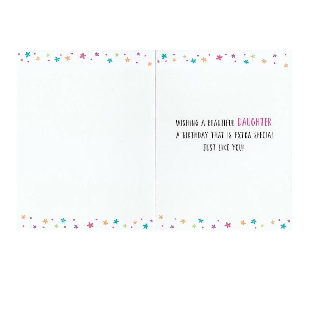 This Daughter Birthday card has multicoloured text saying 'FOR A LOVELY DAUGHTER HAVE A VERY HAPPY BIRTHDAY' surrounded by colourful swirls and stars on a white background. Silver foil detail.