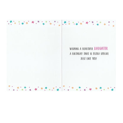 This Daughter Birthday card has multicoloured text saying 'FOR A LOVELY DAUGHTER HAVE A VERY HAPPY BIRTHDAY' surrounded by colourful swirls and stars on a white background. Silver foil detail.