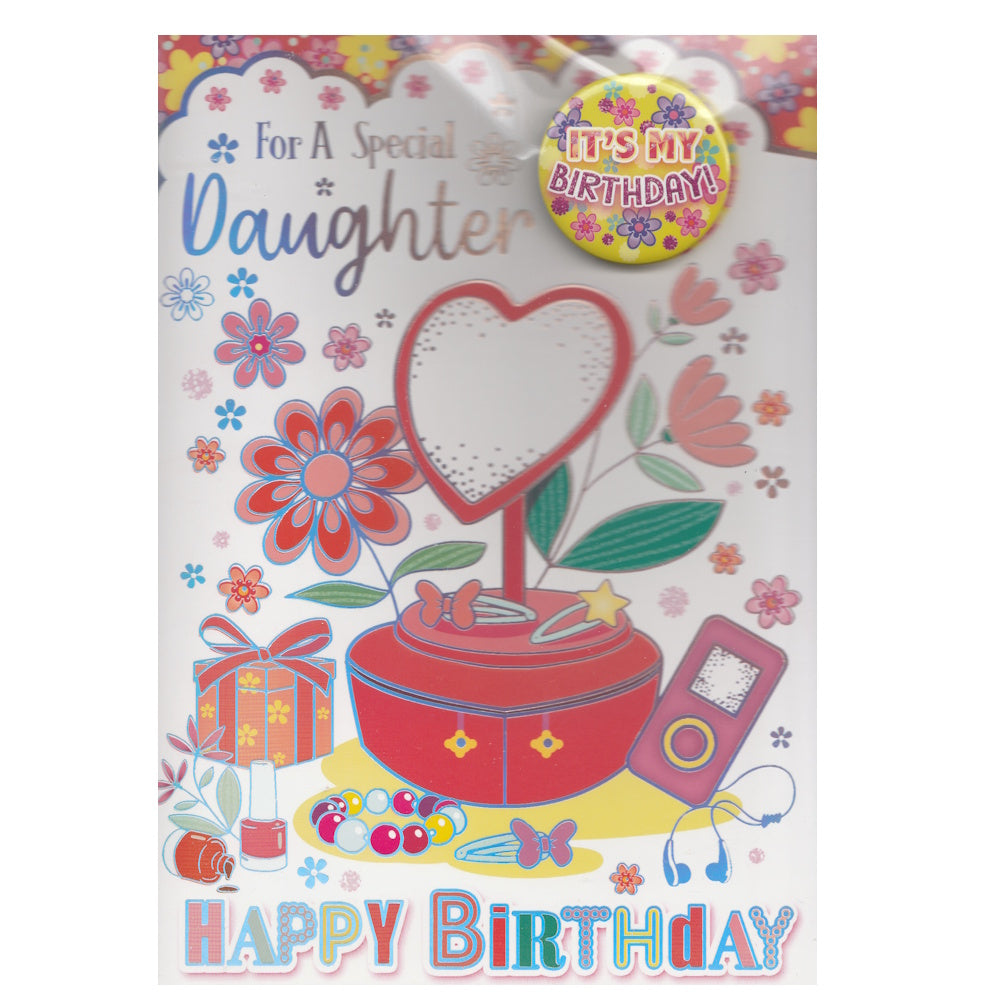 Front of this birthday card features an illustration of a red vanity mirror surrounded by flowers with the text 'For A Special Daughter HAPPY BIRTHDAY'.