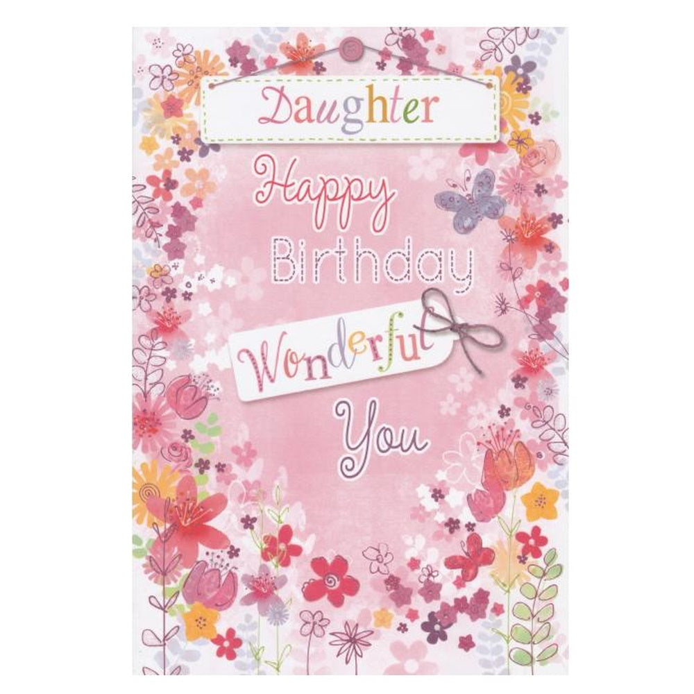 Front of this birthday card features the text "DAUGHTER HAPPY BIRTHDAY WONDERFUL YOU" surrounded by a floral pattern in pink, purple, and green colours.