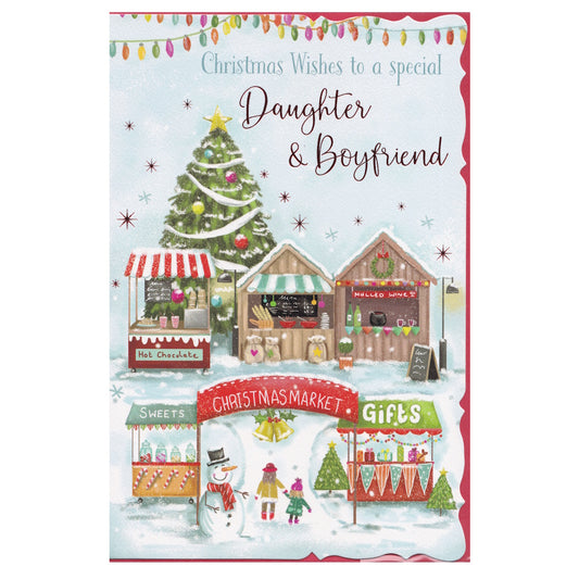 Front of this daughter and boyfriend Christmas card features an illustration of a snow covered Christmas market with a decorated Christmas tree, paired with a message.