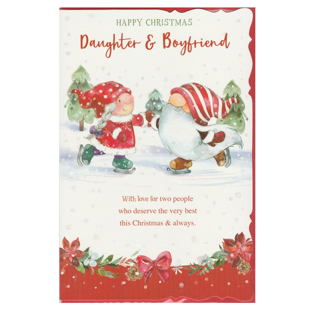Front of this daughter and boyfriend Christmas card features an illustration of two Christmas themed gnomes ice skating, paired with a message.