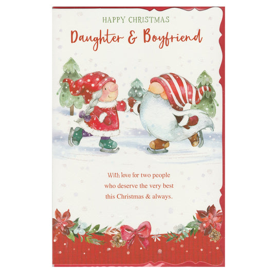 Front of this daughter and boyfriend Christmas card features an illustration of two Christmas themed gnomes ice skating, paired with a message.