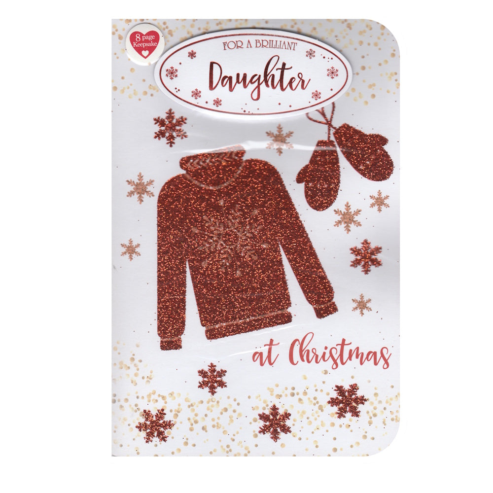 Front of this 8 page daughter Christmas card ( 8 page) features an illustration of a Christmas jumper and gloves, with the text 'FOR A BRILLIANT DAUGHTER at Christmas'.