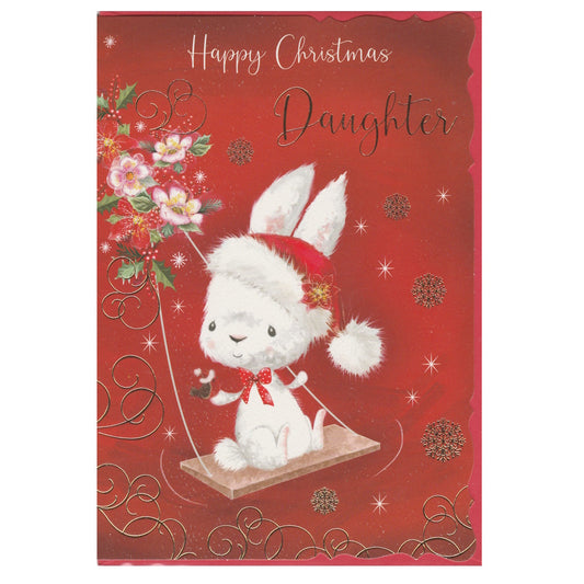 Front of this daughter Christmas card features an illustration of a bunny rabbit wearing a Christmas hat, paired with a message.