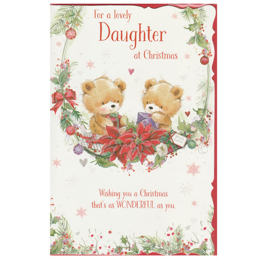 Front of this daughter Christmas card features an illustration of two teddy bears surrounded by Christmas foliage, paired with a message.
