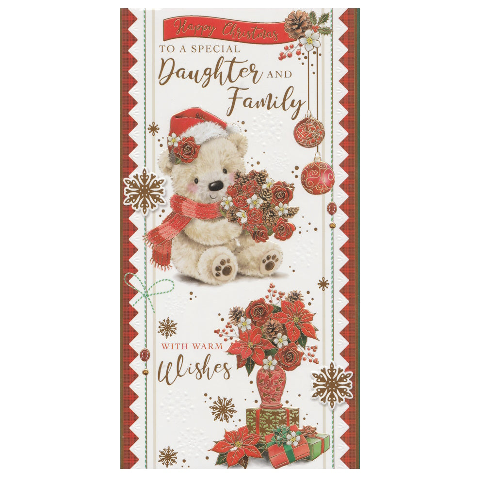 Front of this daughter and family Christmas card features an illustration of a teddy bear and a vase full or poinsettias, paired with a message.