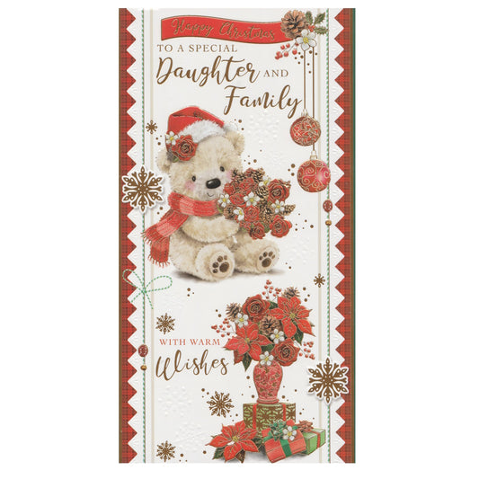 Front of this daughter and family Christmas card features an illustration of a teddy bear and a vase full or poinsettias, paired with a message.