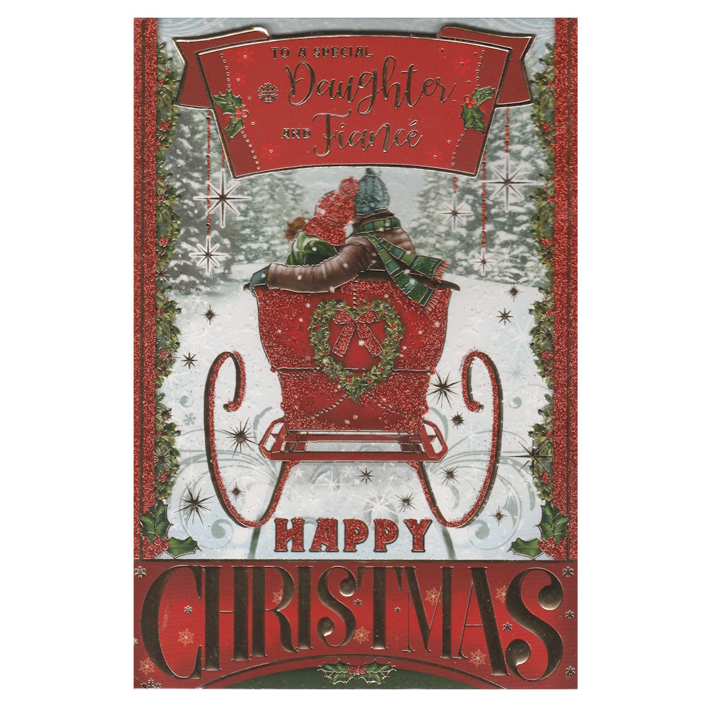 Front of this daughter and fiancé Christmas card features a illustration of a decorated Christmas sleigh, paired with a message.