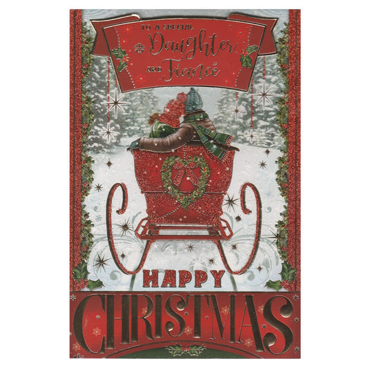 Front of this daughter and fiancé Christmas card features a illustration of a decorated Christmas sleigh, paired with a message.