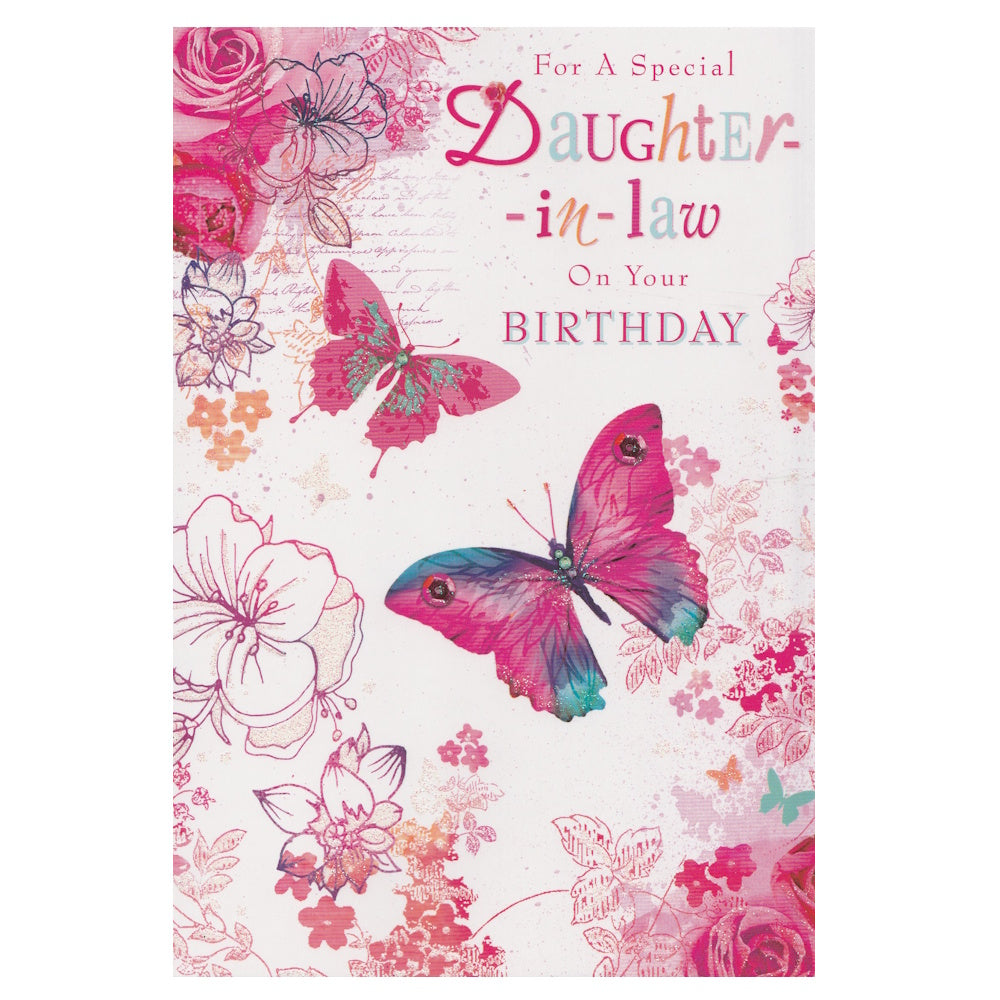 Front of this daughter-in-law birthday card features an illustration of pink butterflies and flowers, paired with a message.