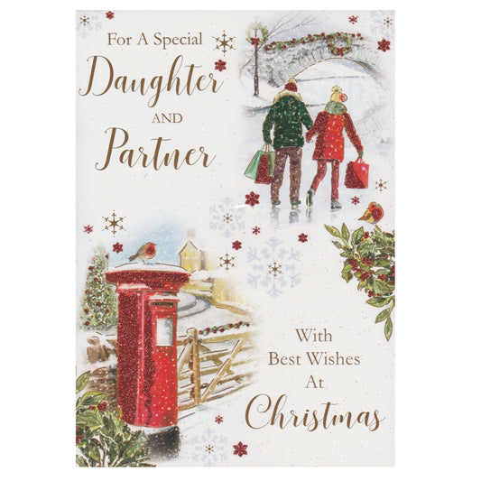 Front of this daughter & partner Christmas card features illustrations of a snow topped post box and a couple walking in the snow, paired with a message.