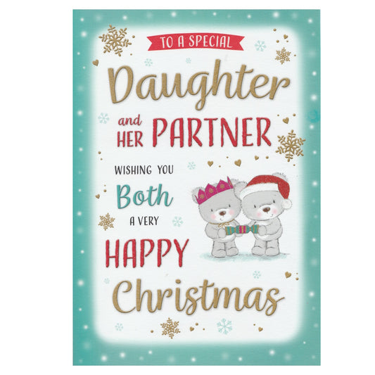 Front of this daughter and partner Christmas card features an illustration of two teddy bears wearing Christmas hats pulling a cracker', with the text 'TO A SPECIAL Daughter and HER PARTNER' 'WISING YOU BOTH A VERY HAPPY CHRISTMAS'.