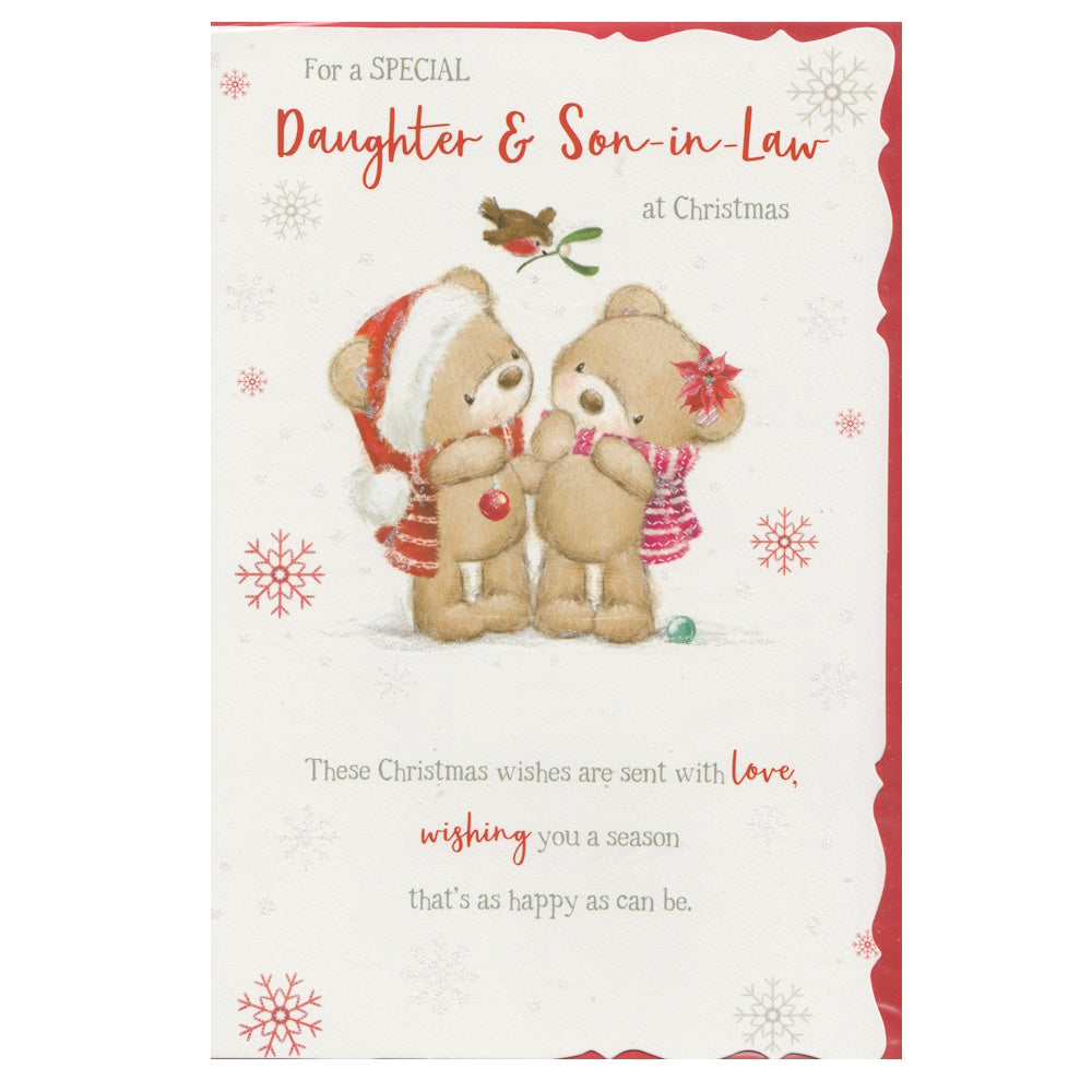 Front of this daughter & son in law Christmas card features a illustration of two festive bears with a robin flying over them holding mistletoe.