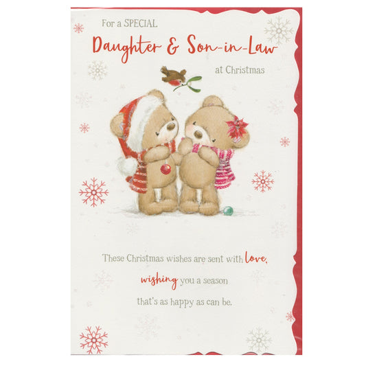 Front of this daughter & son in law Christmas card features a illustration of two festive bears with a robin flying over them holding mistletoe.