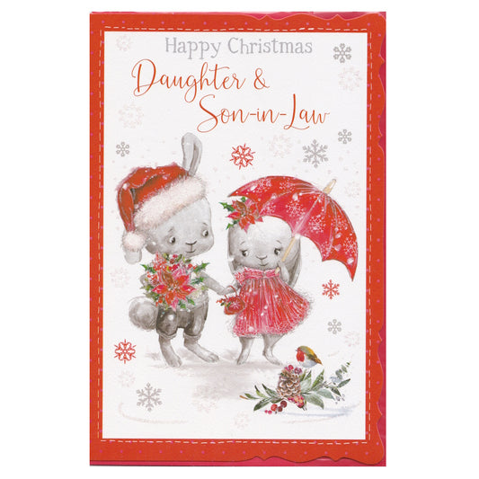 Front of this daughter and son-in-law Christmas card features a illustration of two festive bunnies holding hands standing under an umbrella, paired with a message.