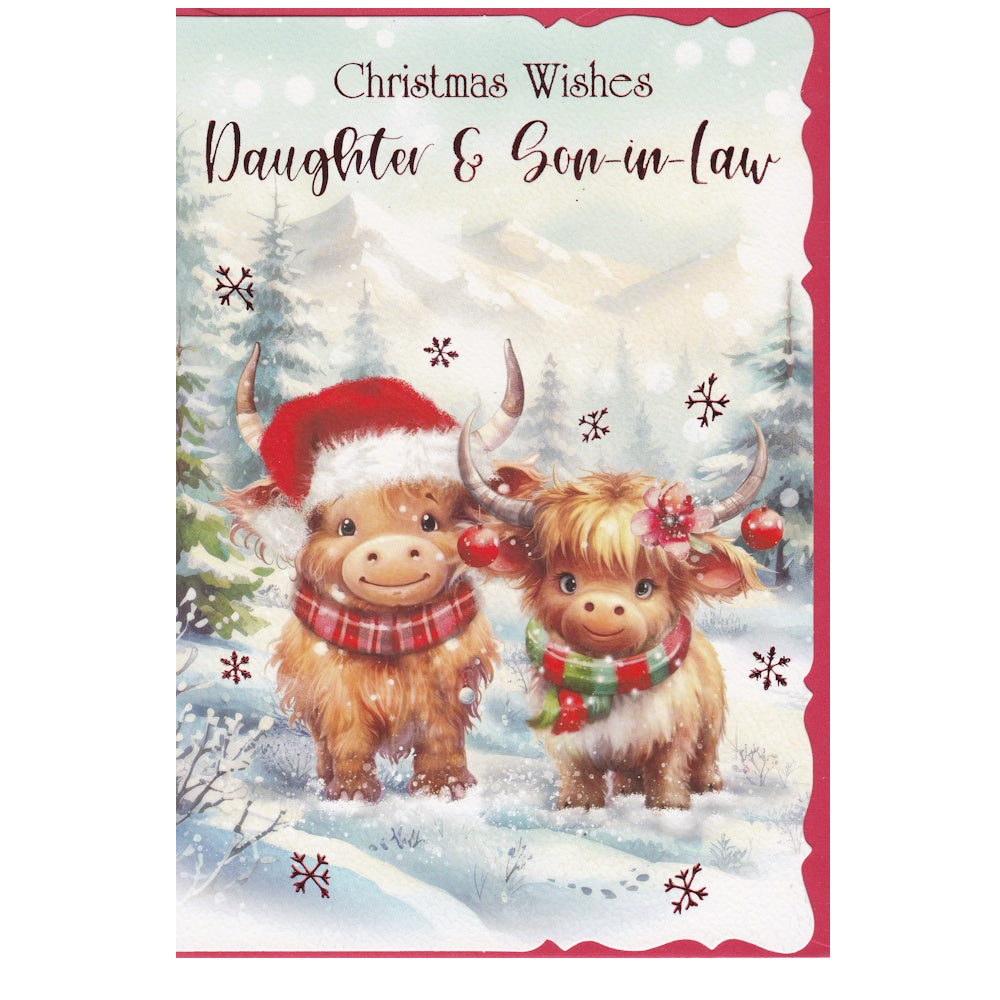 Front of this daughter & son-in-law Christmas card features illustrations of two highland cows in a festive setting, with the text 'Christmas Wishes Daughter &amp; Son-in-Law'.