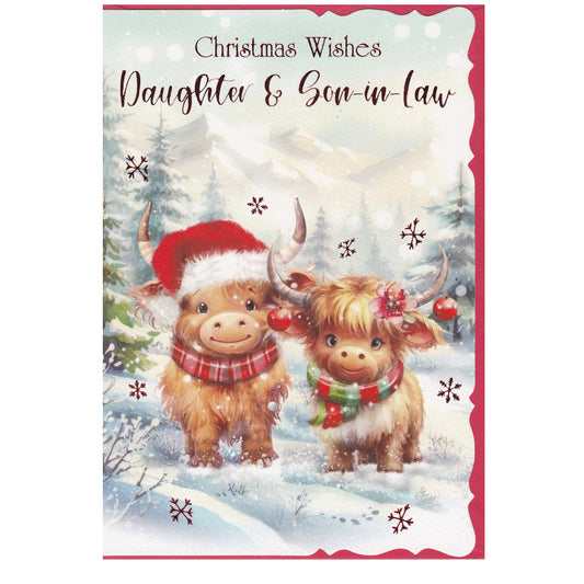 Front of this daughter & son-in-law Christmas card features illustrations of two highland cows in a festive setting, with the text 'Christmas Wishes Daughter &amp; Son-in-Law'.