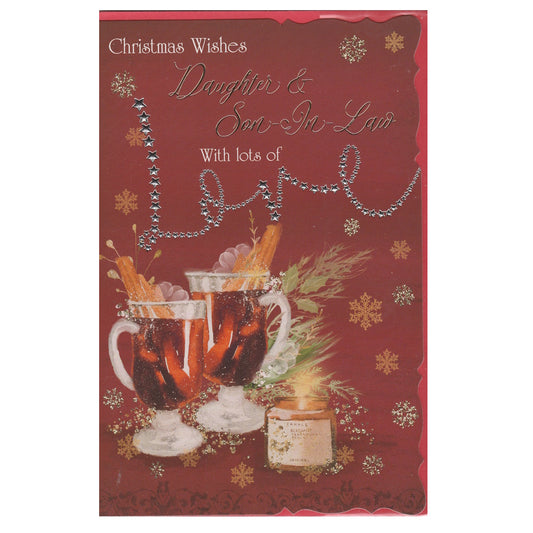 Front of this daughter and so-in-law Christmas card features a illustration of two glasses of mulled wine surrounded by snowflakes, paired with a message.