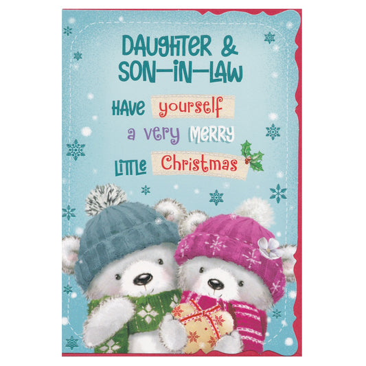 Front of this daughter & son-in-law Christmas card features an illustration of teddy bears wearing Christmas hats, with the text 'DAugHter &amp; SON iN LAW HAVE yourself a very MERRY LiTTLe Christmas'.