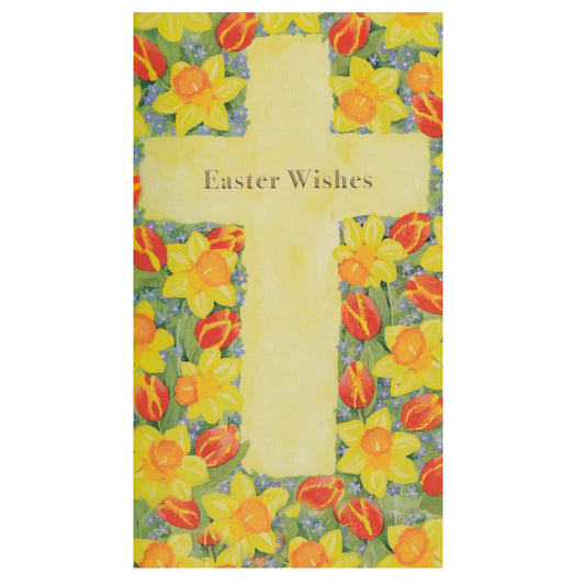 Front of this Easter card features an illustration of a cross surrounded by daffodils with the text 'Easter Wishes'.