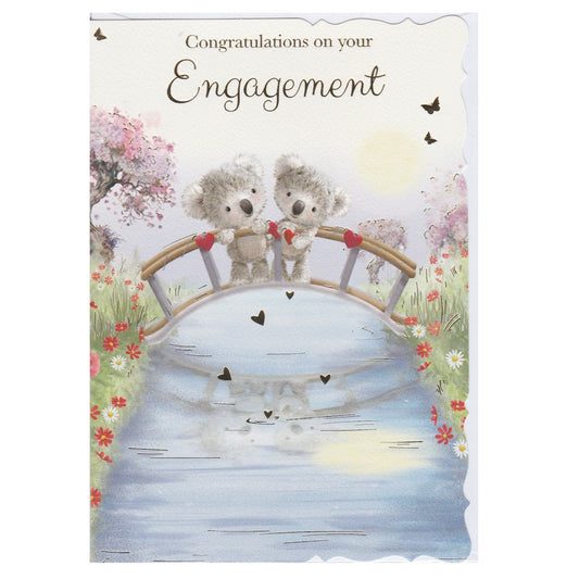 Front of this card features an illustration of two koala bears on a bridge over water, surrounded by flowers and butterflies, with the text 'Congratulations on your Engagement'.