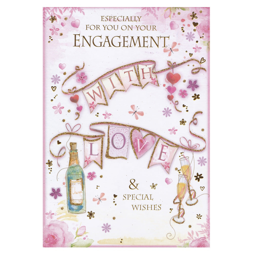 Front of this engagement card features an illustration of flowers and bunting with the text 'WITH LOVE'.