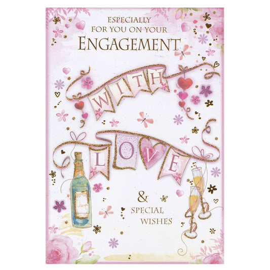Front of this engagement card features an illustration of flowers and bunting with the text 'WITH LOVE'.