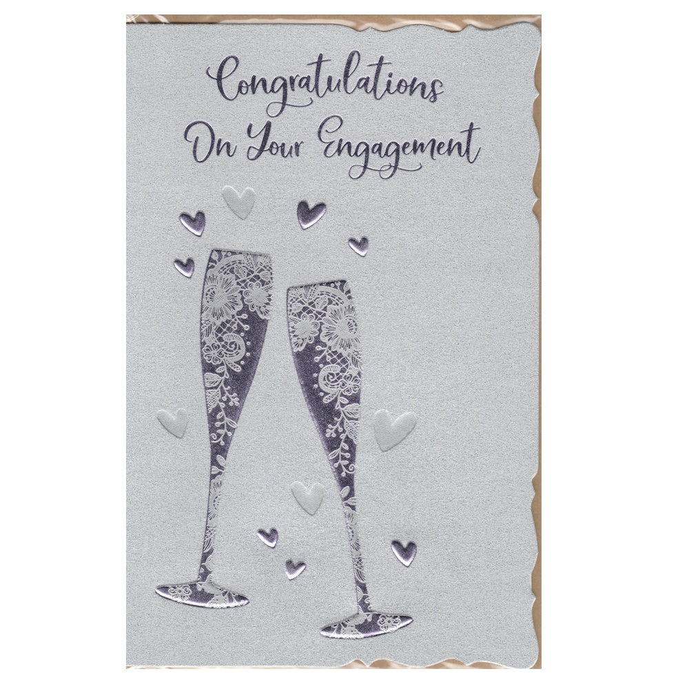 Front of this engagement card features an illustration of two purple champagne flutes with the text 'Congratulations On Your Engagement'.