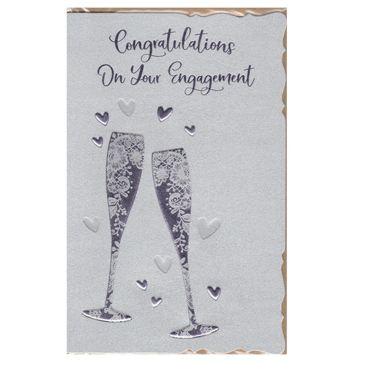 Front of this engagement card features an illustration of two purple champagne flutes with the text 'Congratulations On Your Engagement'.