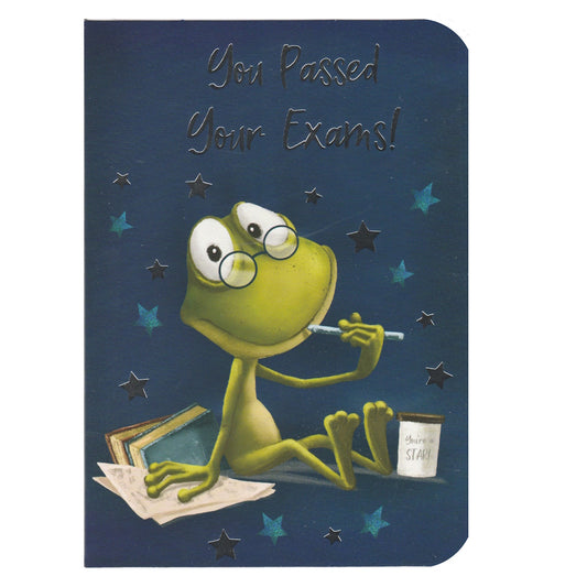 Front of this exam card features an illustration of a spectacle wearing frog with the text 'You Passed Your Exams'.