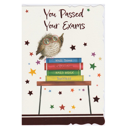Front of this card features an illustrations of an owl wearing glasses on a pile of books, with the text 'You Passed Your Exams'.