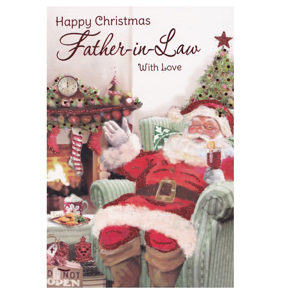 Front of this father-in-law Christmas card features an illustration of father Christmas sitting on a comfy chair by a decorated fireplace, paired with a message.