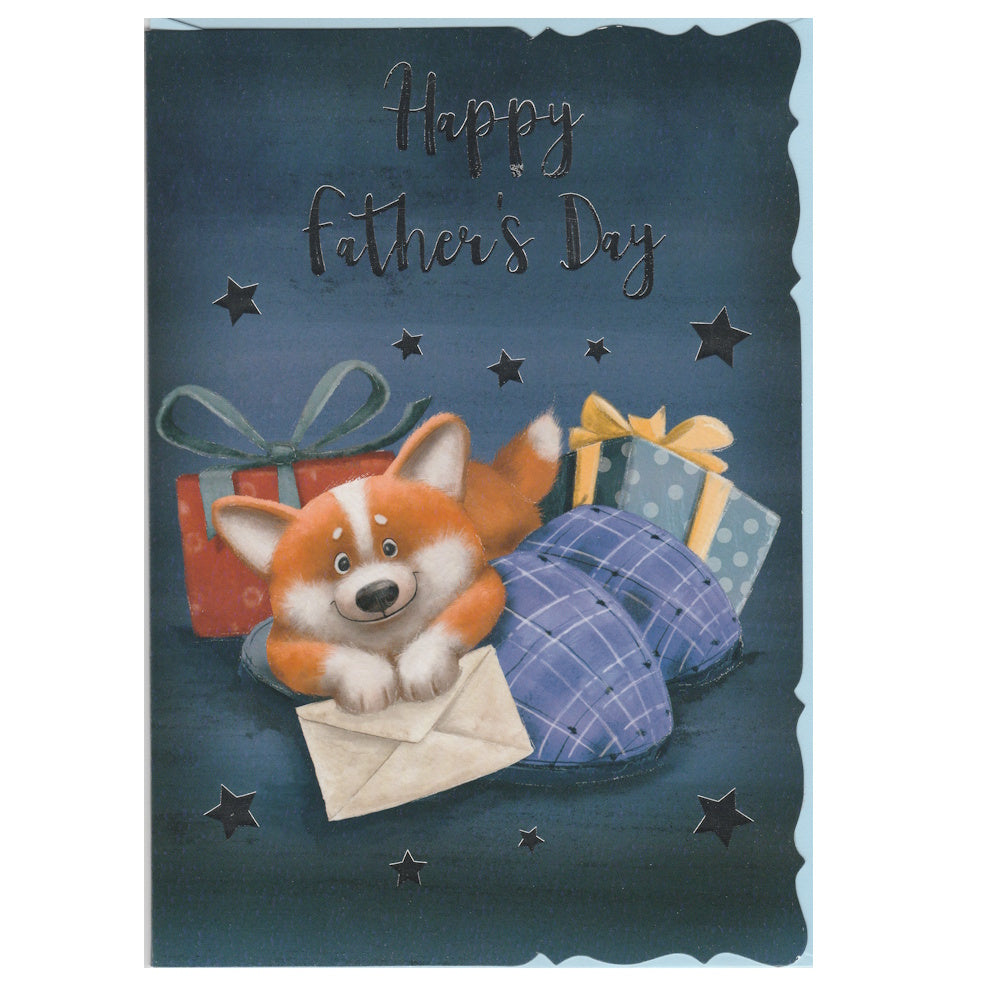 This Father's Day card has an illustration of a cute smiling dog laying on a bed of plump slippers, surrounded by presents with the text 'Happy Father's Day'.