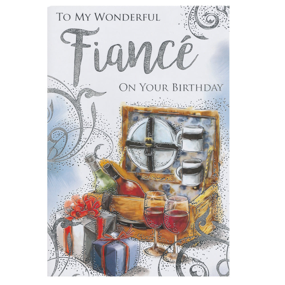 This fiancé birthday card has the text 'TO MY WONDERFUL Fiancé ON YOUR BIRTHDAY and an illustration of a picnic hamper and two wrapped presents.