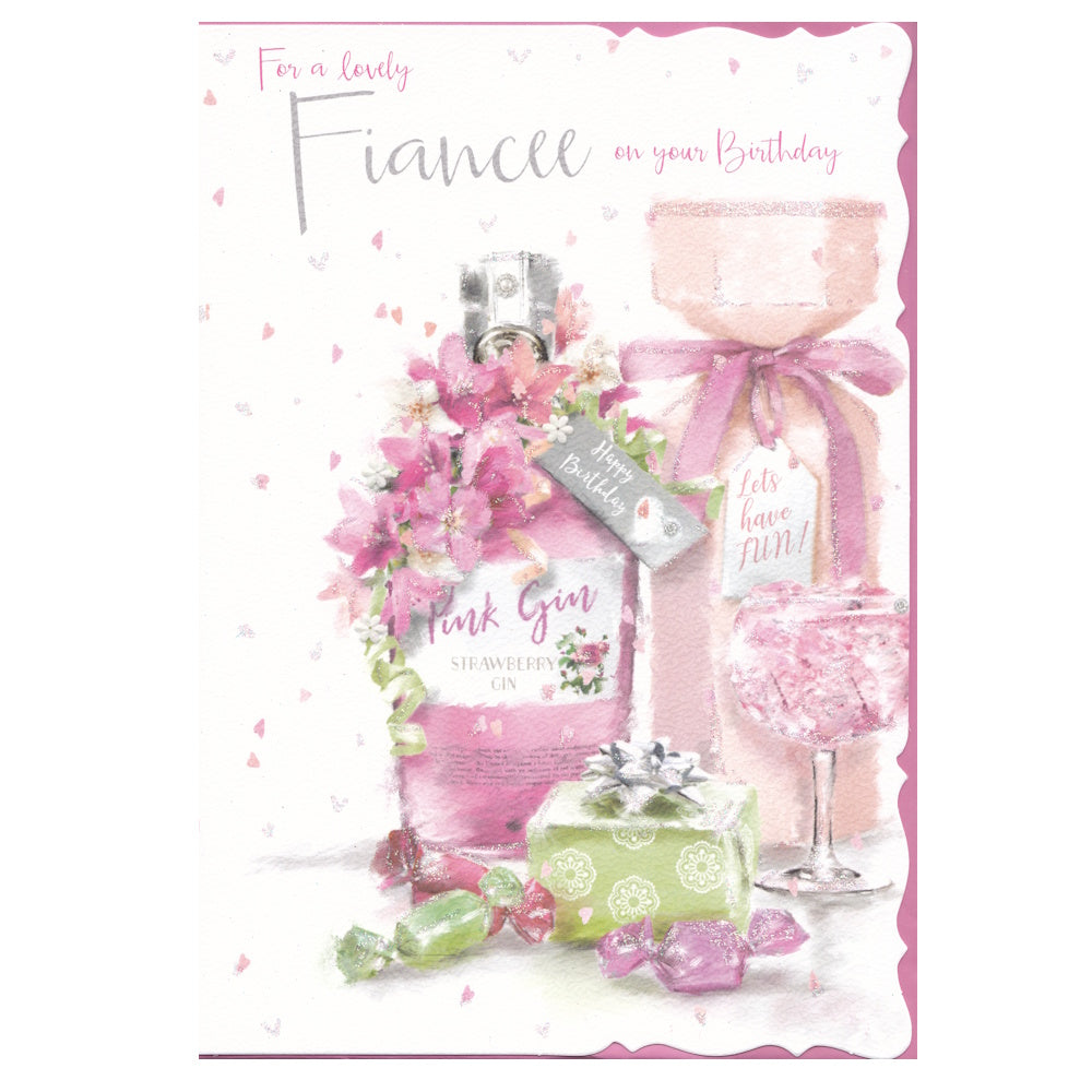 Front of this fiancée birthday card features an illustration of a bottle labelled pink gin, adorned with flowers, bows, sweets and a present, paired with a message.