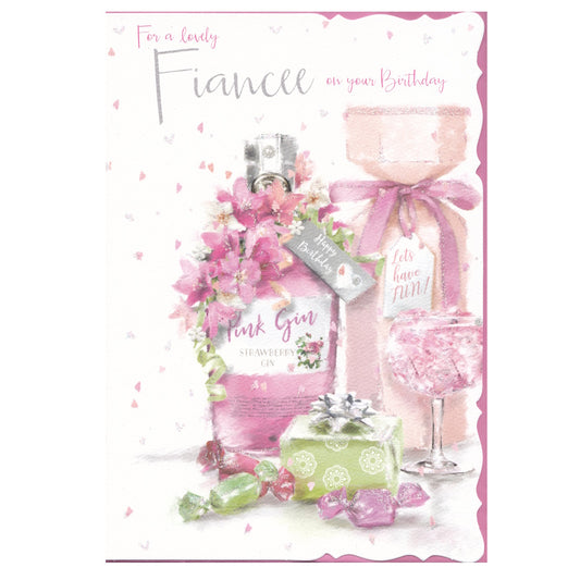 Front of this fiancée birthday card features an illustration of a bottle labelled pink gin, adorned with flowers, bows, sweets and a present, paired with a message.