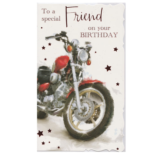 Front of this birthday card features an illustration of a red motorbike, and a message that reads 'To a Special Friend, on your BIRTHDAY'.