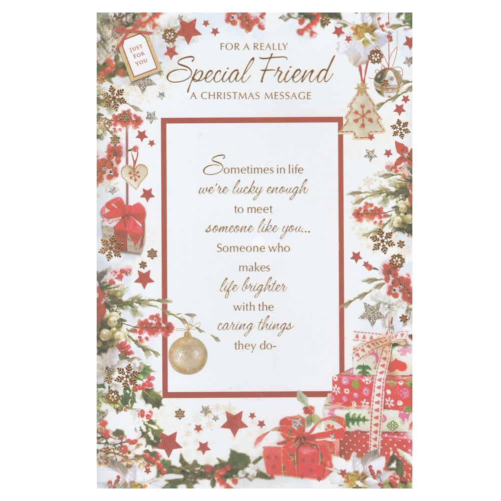 Front of this friend Christmas card features illustrations of Christmas tree branches filled with presents and Christmas decorations, paired with a message.