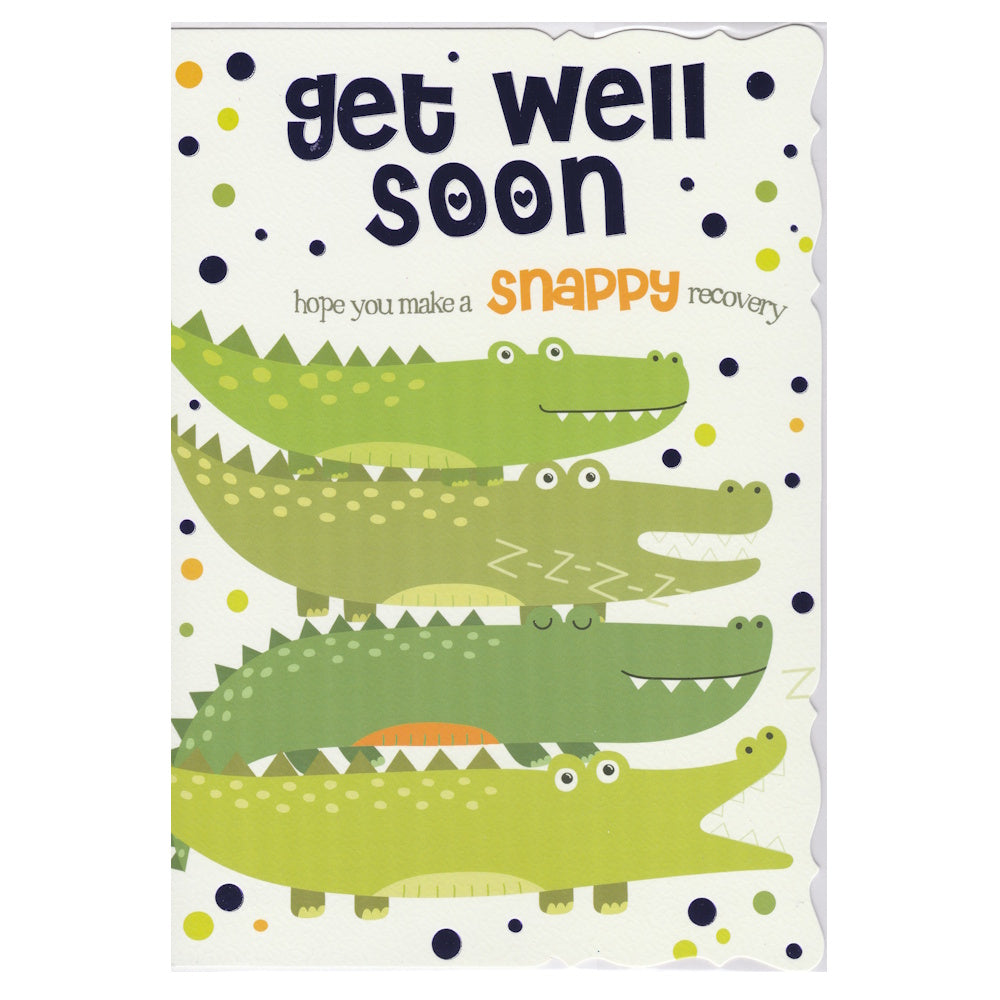 Front of this get well soon card features an illustration of four green crocodiles, paired with a message.