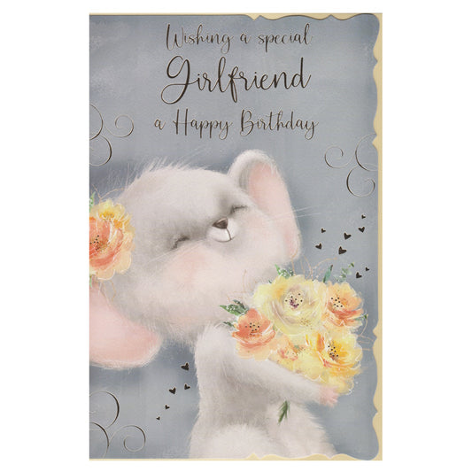 Front of this girlfriend birthday card features an illustration of a grey mouse holding a bouquet of yellow roses, paired with a message.