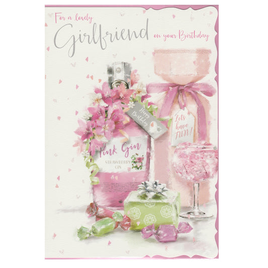 Front of this girlfriend birthday card features an illustration of a bottle labelled pink gin, adorned with flowers, bows, sweets and a present, paired with a message.