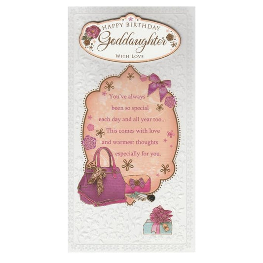 Front of this goddaughter birthday card features an illustration of a handbag and present, paired with a message.