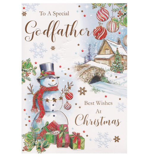Front of this godfather Christmas card features illustrations of a snowman decorated for Christmas, a country cottage and baubles, paired with a message.